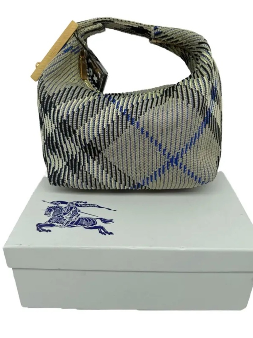 BURBERRY Mini Knitted Check Shield Hobo Bag w/ Gold Knight Hardware & Box